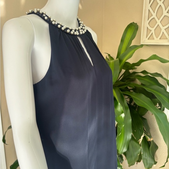SL Fashions Blue and White Sleeveless Halter Midi Dress - Picture 7 of 9